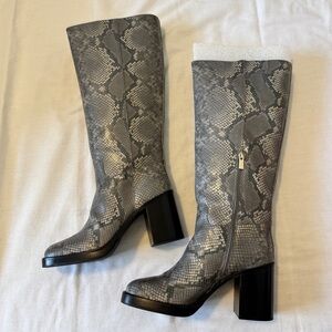 Gray Snakeskin Knee-High Boots